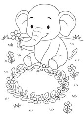 Coloring book elephant making a flower crown.