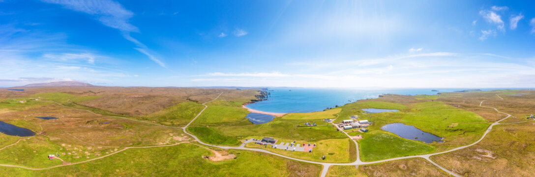 UK, Scotland, Braewick, Aerial panorama of Northmavine peninsula with Saint Magnus Bay in background