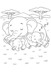 Coloring book elephant family sleeping together.