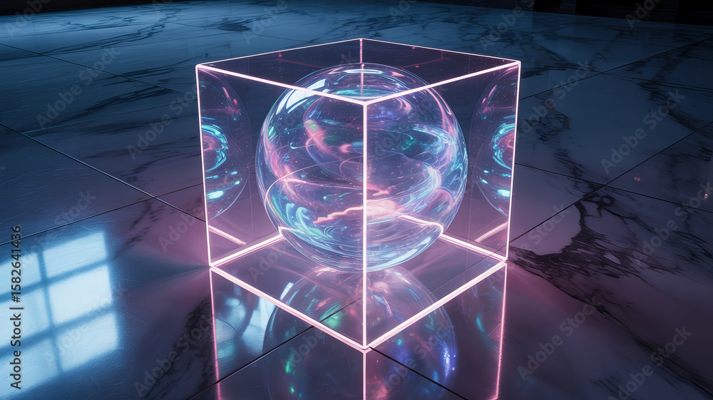 Poster quantum orb in enclosure: a radiant, iridescent orb encased within a transparent cube. the scene evo