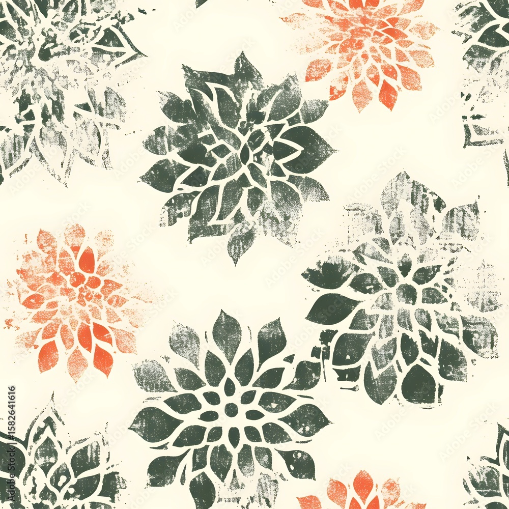 Poster seamless pattern with distressed charcoal and coral floral block print design on an off-white backgr