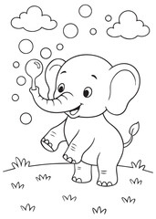 Coloring book elephant blowing bubbles.