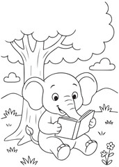 Coloring book elephant reading under a tree.