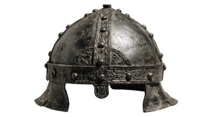 Medieval helmet has domed shape and ornate designs over a transparent background.

