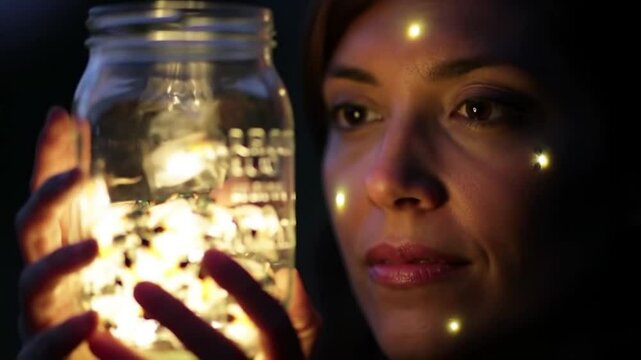 Firefly Magic: Woman Holds Illuminated Jar, Mystical Glow