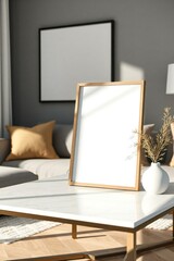 Modern living room with blank picture frame and cozy sofa