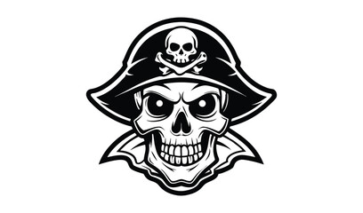 Fototapeta premium Fearsome pirate skull wearing tricorne hat with crossbones emblem