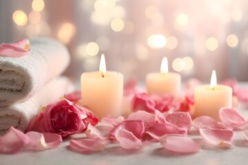 Romantic background with soft rose petals and glowing candles for spa, wellness, or Valentine’s Day theme. Spa background. Massage. Relax. Spa promotions. Romantic events. Self-care or luxury branding