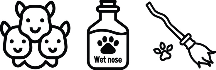 Cute cartoon icons of three happy dogs a bottle with paw print and a broom with paw print