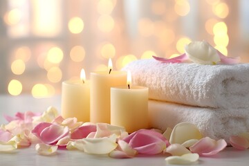 Romantic background with soft rose petals and glowing candles for spa, wellness, or Valentine’s Day theme. Spa background. Massage. Relax. Spa promotions. Romantic events. Self-care or luxury branding