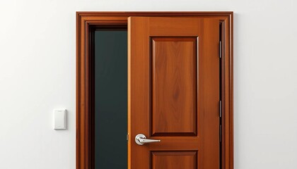 Obraz premium Ajar brown door, gleaming chrome handle, and a simple wall light switch, home decor, knob