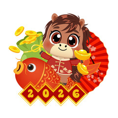 Cute horse with gold ingot and koi fish celebrating Chinese new year 2026