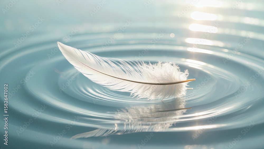 Poster delicate white feather floating gracefully on calm water surface, creating soft ripples and reflecti