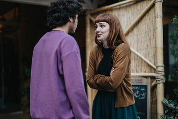 Two people enjoying a casual conversation outdoors, capturing a moment of connection and...