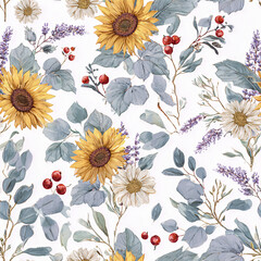 Seamless floral pattern with sunflowers, berries, and leaves on white background  