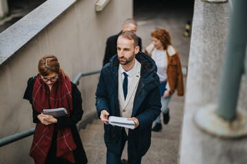 Businesspeople walk together up outdoor stairs, dressed in formal and casual attire, holding...
