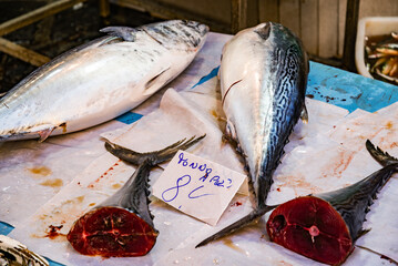 closeup of fish seller's products in Pignasecca district in Naples