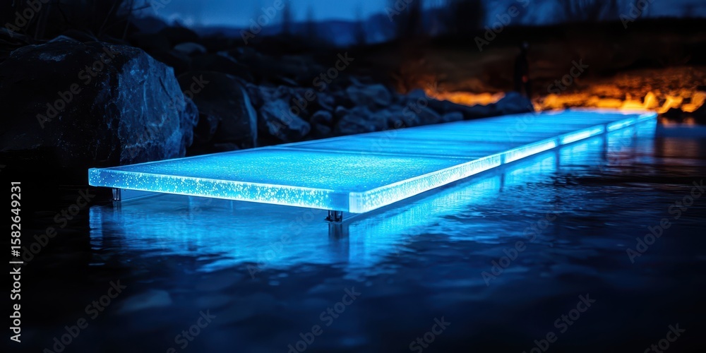 Poster engineer structural bridge concept. illuminated dock over calm waters at night, creating a serene at