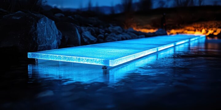 Engineer structural bridge concept. Illuminated dock over calm waters at night, creating a serene atmosphere.