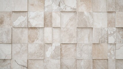 Beige marble square tiles create a textured wall pattern.