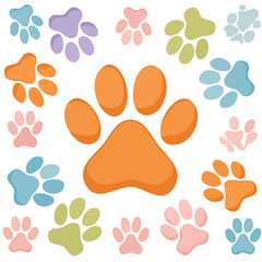 Fototapeta premium Colorful paw print pattern with large orange paw print in center dog paw cat paw