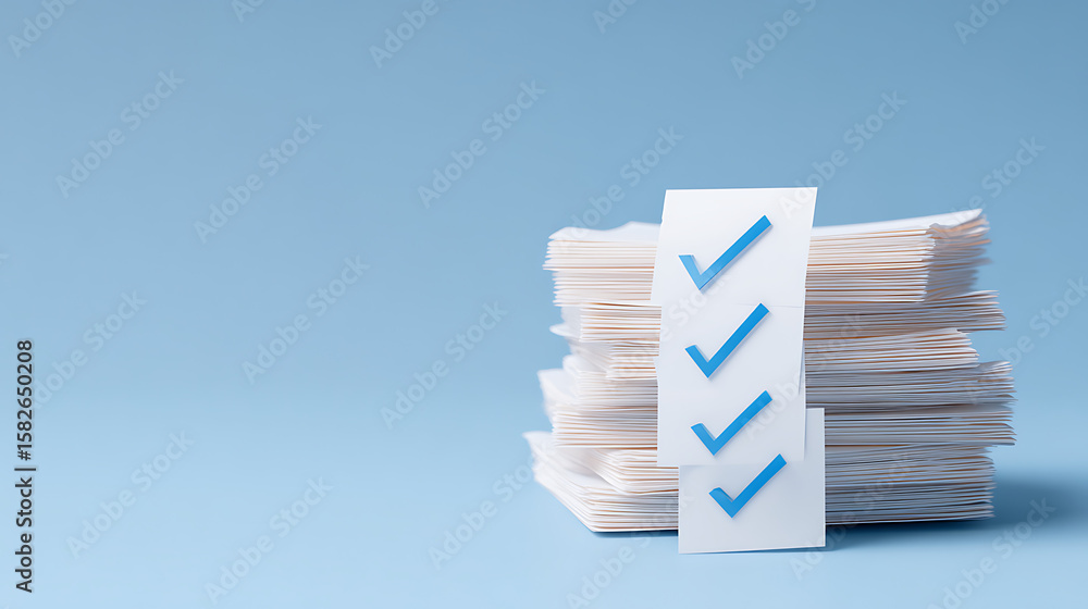 Fototapete various documents with blue check marks on a white background. illustration style. concept of approv