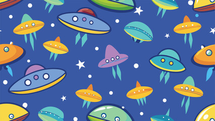 Cute cartoon flying saucers and stars on a blue background pattern alien spaceship