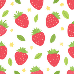 Cute red strawberry fruit pattern with green leaves and yellow stars background