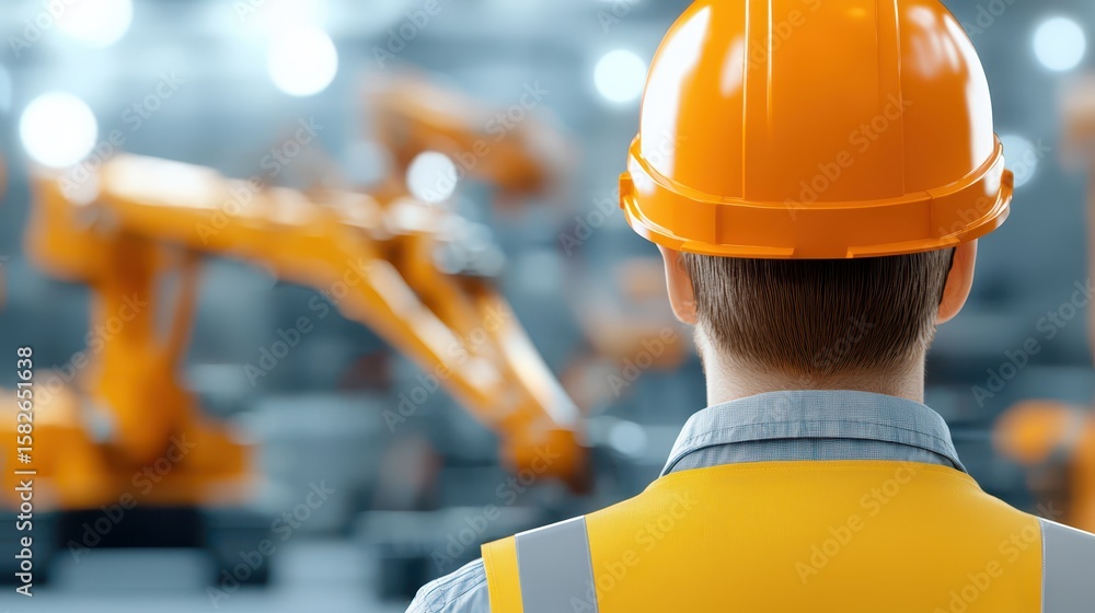 Poster engineer structural bridge concept. construction worker observing automated machinery in a factory s