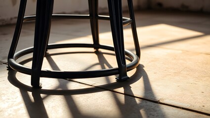 A close up of the base of a black metal stool casting shadows on a light colored tile floor space