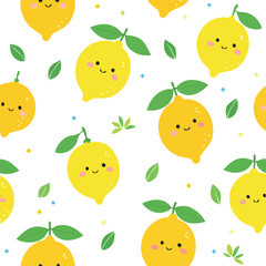 Cute yellow lemons with smiling faces and green leaves pattern fruit happy
