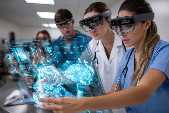Medical professionals utilize augmented reality for patient diagnostics in a modern lab setting