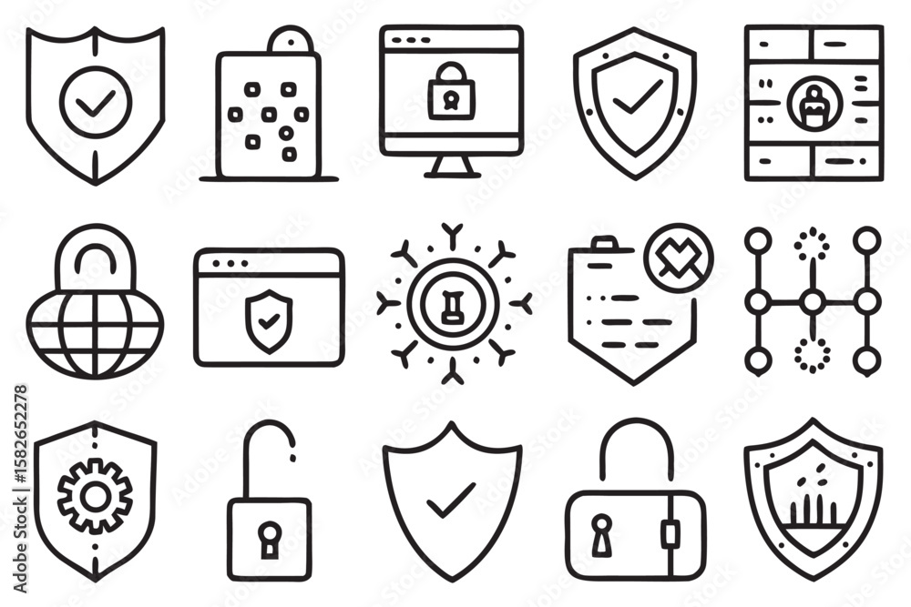 Poster collection of 80 security icons in a consistent line art style on a white background shield lock