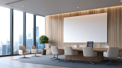 Office interior with meeting table and chairs, ceo desk near window. Mockup wall 74350855 1