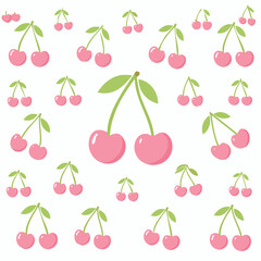 Pink cherry fruit pattern with green leaves on white background cherries food