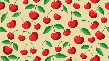 Red cherry fruits with green leaves seamless pattern on beige background cherries