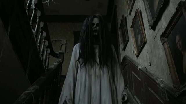 Terrifying Ghost Monster Woman in Haunted House with White Mask and Long Hair