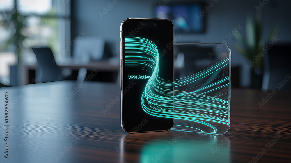 Poster connected smartphone in workspace: a sleek smartphone displays an illuminated visual data stream ema