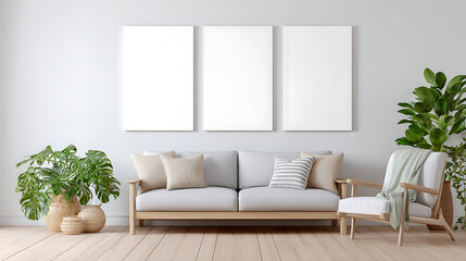 Mock up empty posters on the wall. Modern living room interior. Wooden floor and stylish furniture. Concept of contemporary design. 22801121 1