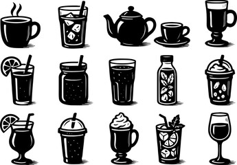 Obraz premium A collection of diverse beverage icons, including hot drinks, iced concoctions, and cocktails, rendered in a striking black and white woodcut style