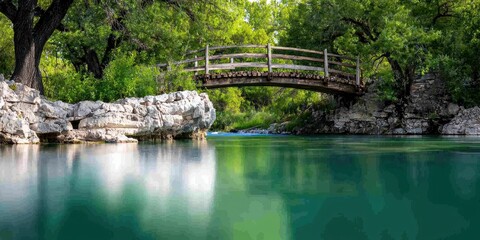 Fototapeta premium Engineer structural bridge concept. Serene river scene with a wooden bridge surrounded by lush greenery.
