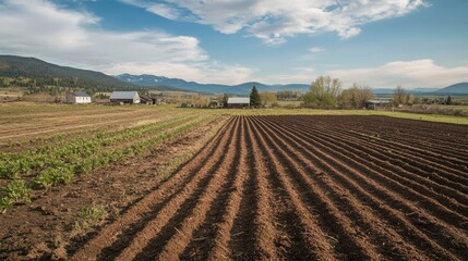 Obraz premium Serene Rural Landscape: Farmland Under a Blue Sky