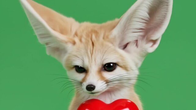 Cute Fennec Fox Holding Red Heart on Green Screen