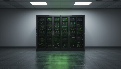 Sleek, modern server room with central black server rack illuminated by green lights, reflecting on polished floor. room is well lit with overhead fluorescent lights, creating high tech atmosphere