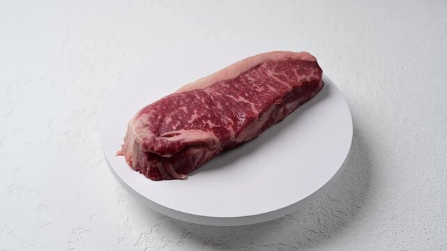 Rotating marbled new york striploin steak: fresh, premium beef cut for gourmet grilling