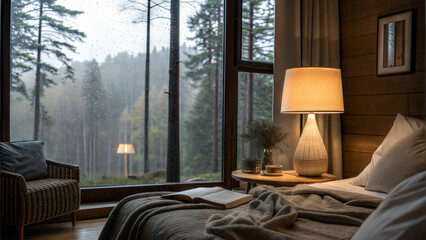 Cozy bedroom with peaceful atmosphere and floor lamp during rainy day in forest view