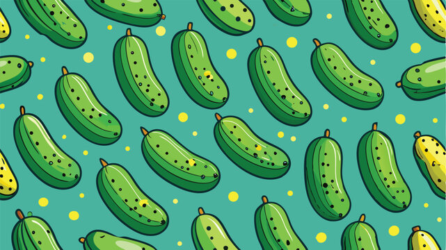 Seamless pattern of green cucumbers and yellow dots on teal background pickle vegetable