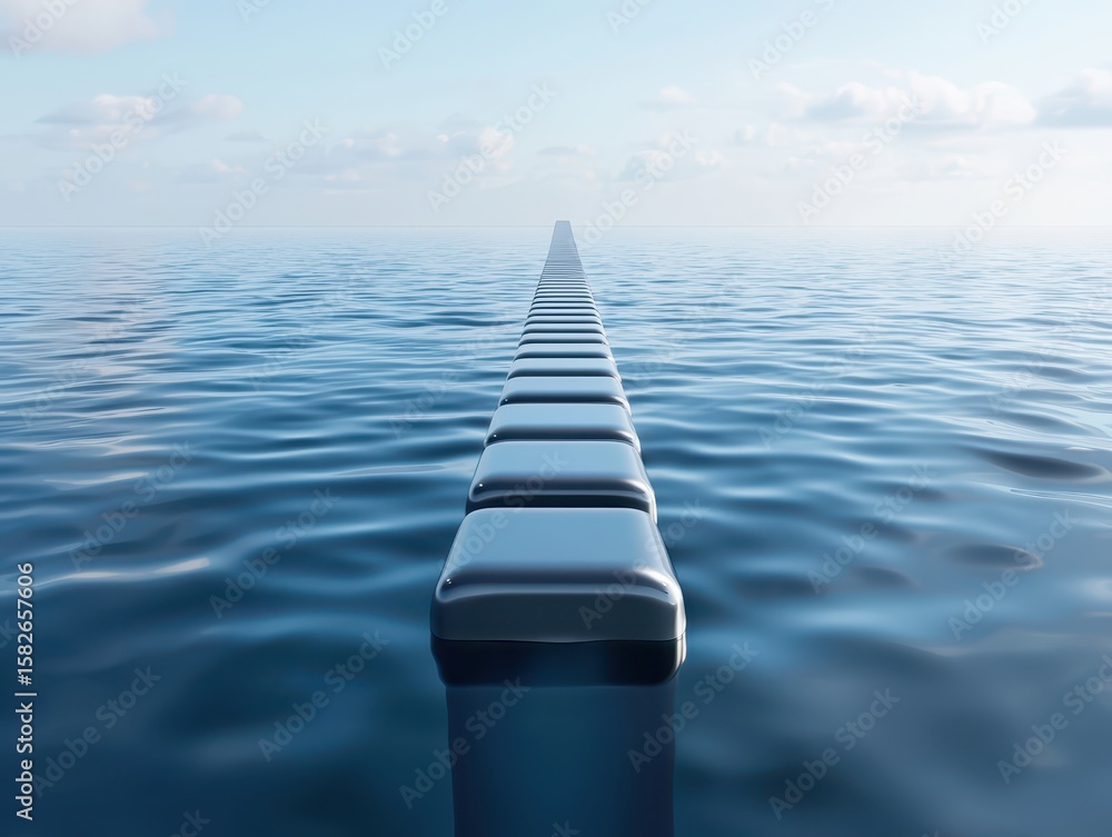 Poster engineer structural bridge concept. a serene pathway of blocks extending over calm water under a cle