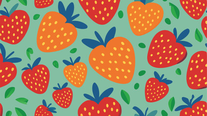 Seamless pattern of red and orange strawberries with green leaves strawberry fruit