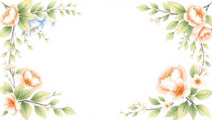 Fototapeta premium Delicate floral arrangement featuring peach roses and green leaves in the corners, creating a frame.